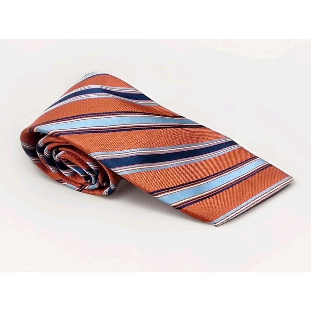 Eagle Shirtmakers Striped Repp Silk Tie 58 x 4 Rust Orange/Brown Blue White Wide